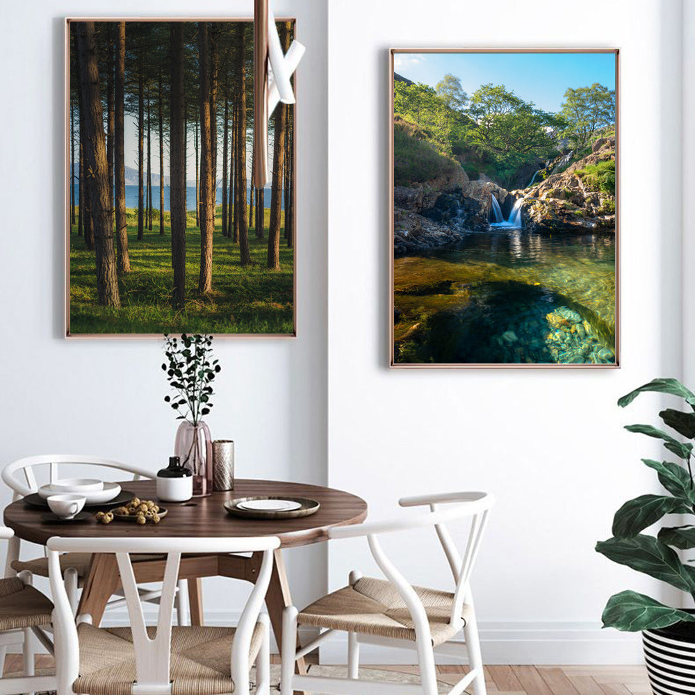 Modern landscape oil painting summer forest canvas featuring tall bamboo trees in a vertical perspective, ideal for living room wall decor.
