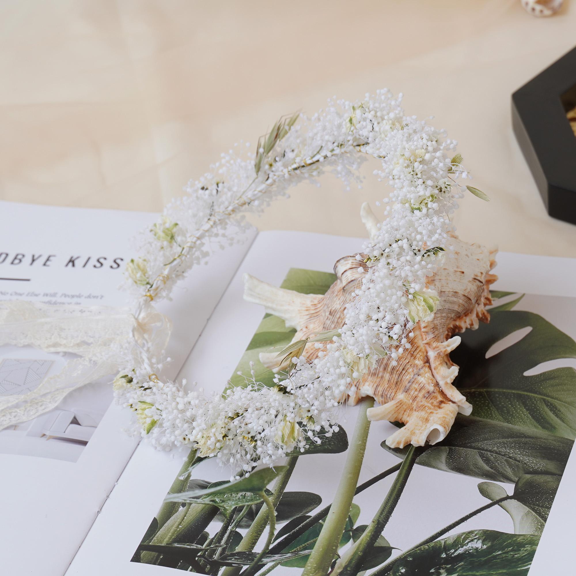 Handmade Gypsophila Wedding Crown with dried white flowers and delicate buds, ideal for bridal wear, birthdays, or daily party use. Durable and long-lasting up to 3 years.