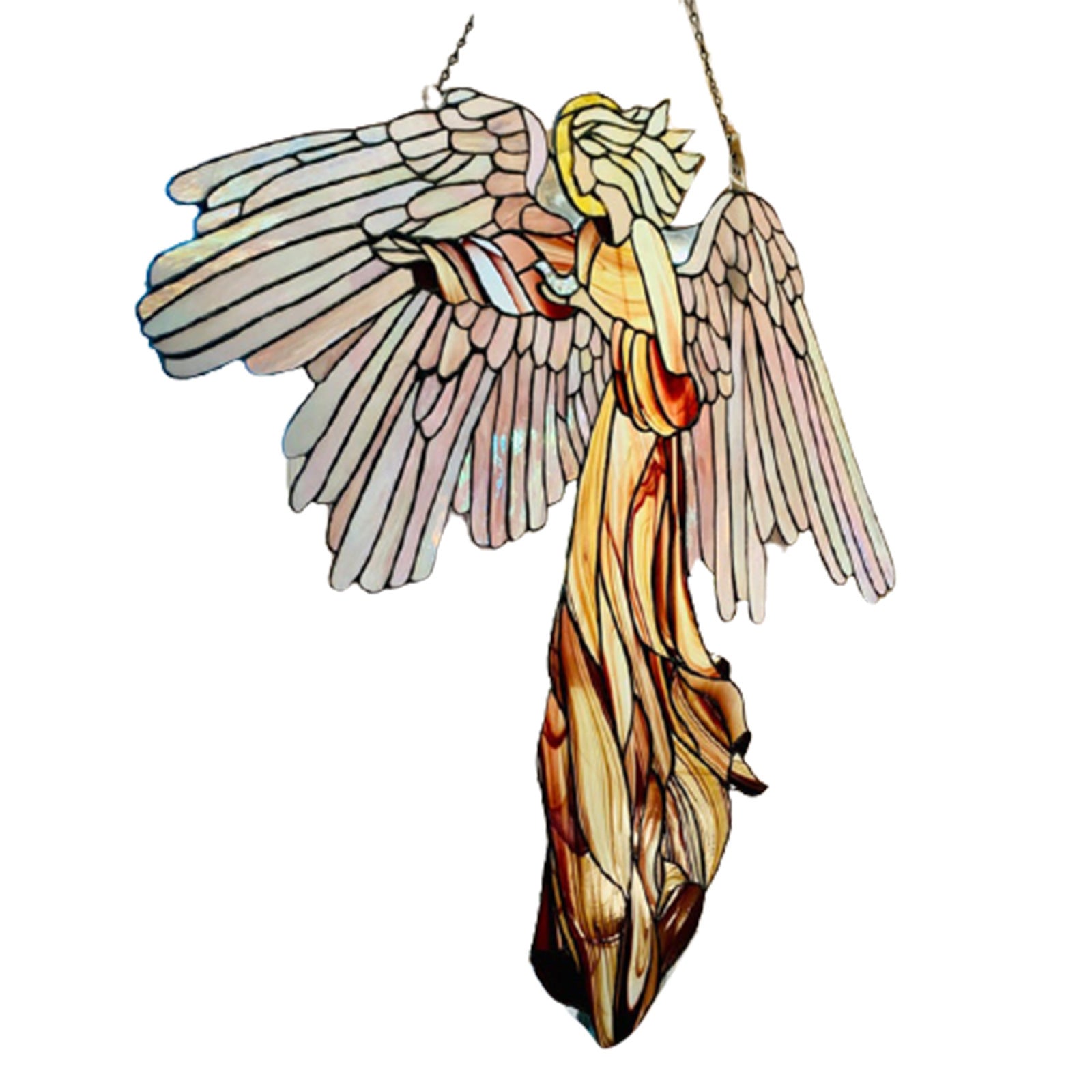 Acrylic angel-shaped suncatcher pendant hanging in a home garden window, ideal for craft decoration and scene enhancement.