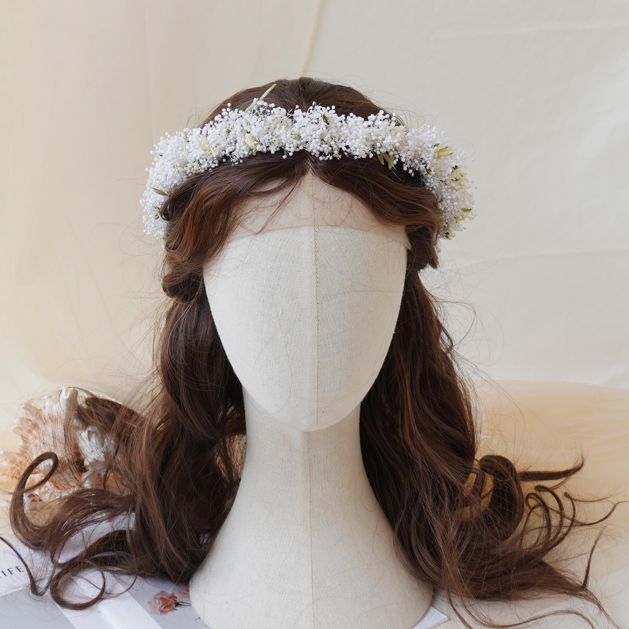 Handmade Gypsophila Wedding Crown with dried white flowers and delicate buds, ideal for bridal wear, birthdays, or daily party use. Durable and long-lasting up to 3 years.