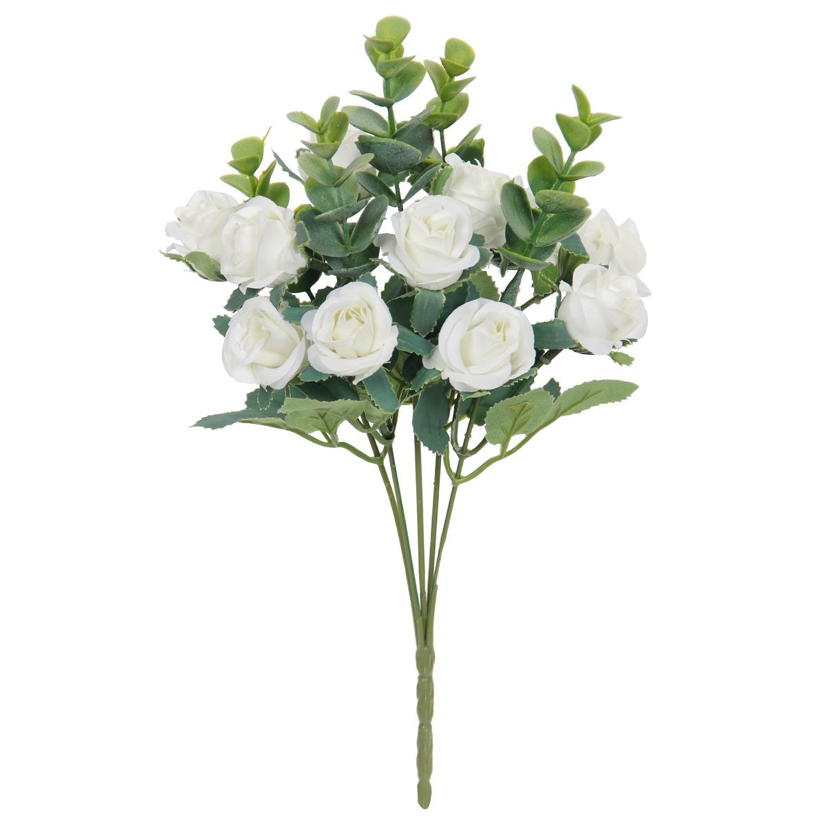 Red silk rose bouquet with green eucalyptus in crystal vase for living room decoration or wedding ceremony artificial flower arrangement.