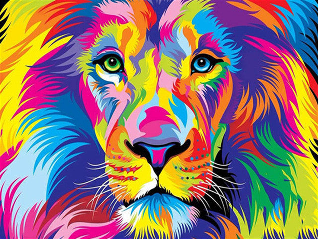 Colorful lion diamond painting wall art from the Animal Diamond Painting Lion Tiger Cat Dog Complete Cross Kit. Ideal for creative home decor.