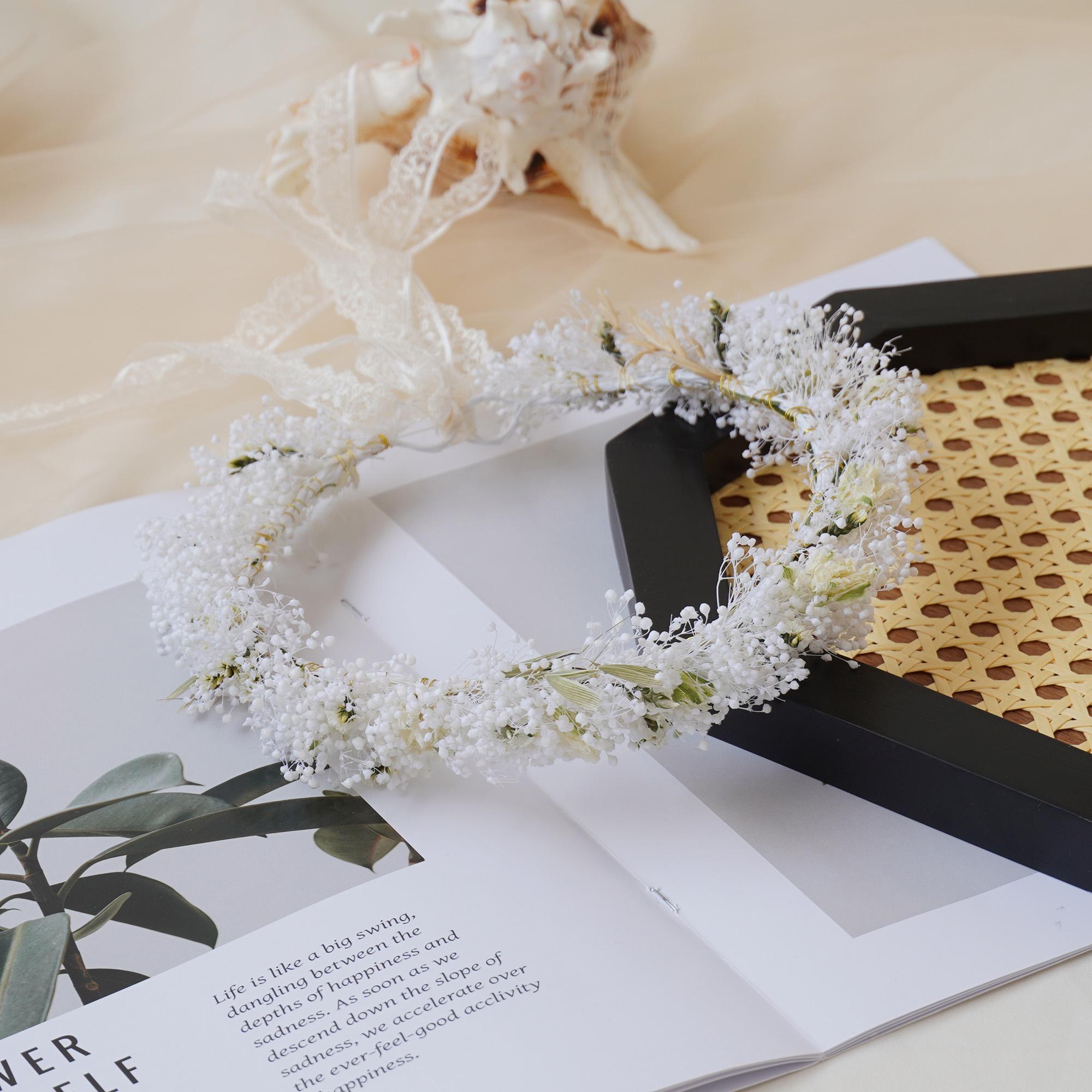 Handmade Gypsophila Wedding Crown with dried white flowers and delicate buds, ideal for bridal wear, birthdays, or daily party use. Durable and long-lasting up to 3 years.
