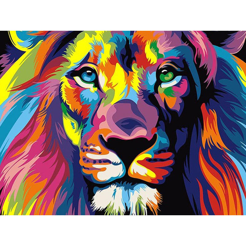 Colorful lion diamond painting wall art from the Animal Diamond Painting Lion Tiger Cat Dog Complete Cross Kit. Ideal for creative home decor.