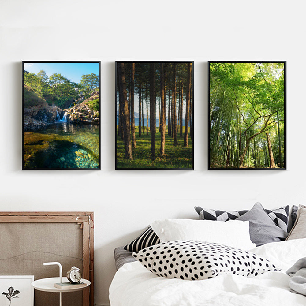 Modern landscape oil painting summer forest canvas featuring tall bamboo trees in a vertical perspective, ideal for living room wall decor.