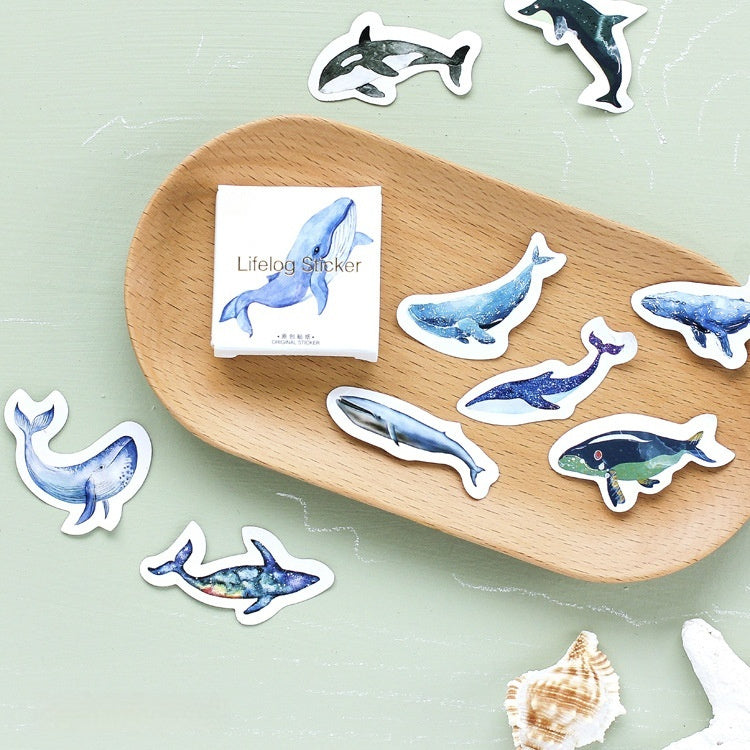 Box-packed Stickers Whale Tent Sticker Decorative Sealing Stickers featuring 45 colorful whale-themed designs in Japanese style for crafts and journaling.