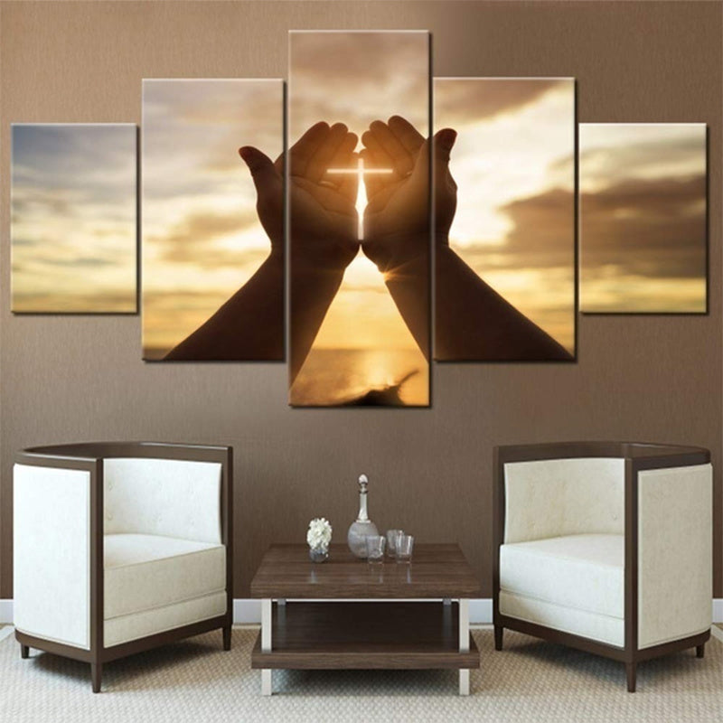 Love Sunrise Canvas Painting Modern Landscape Poster Decoration featuring hands forming a heart shape over a sunrise, 5-panel wall art for home decor.