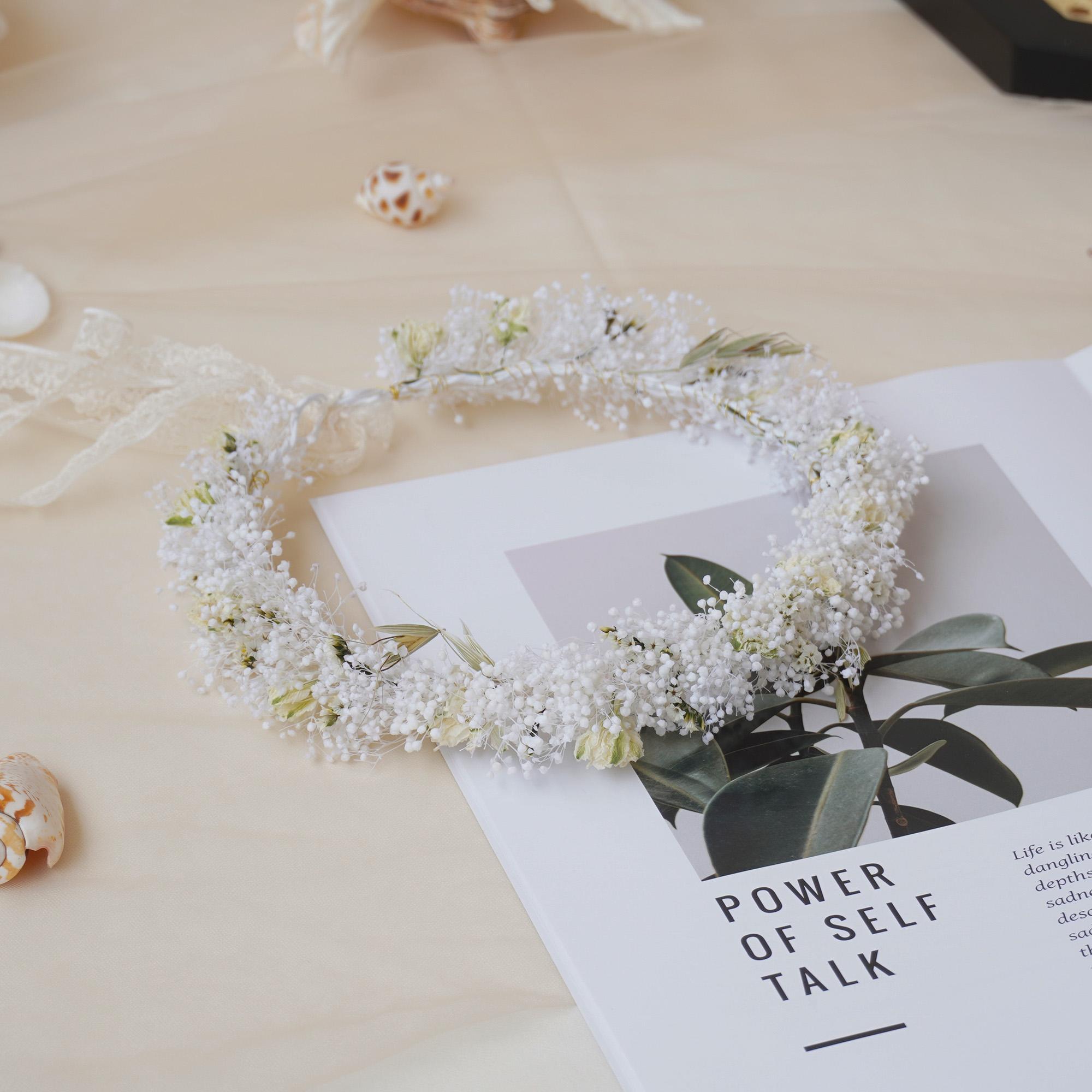 Handmade Gypsophila Wedding Crown with dried white flowers and delicate buds, ideal for bridal wear, birthdays, or daily party use. Durable and long-lasting up to 3 years.
