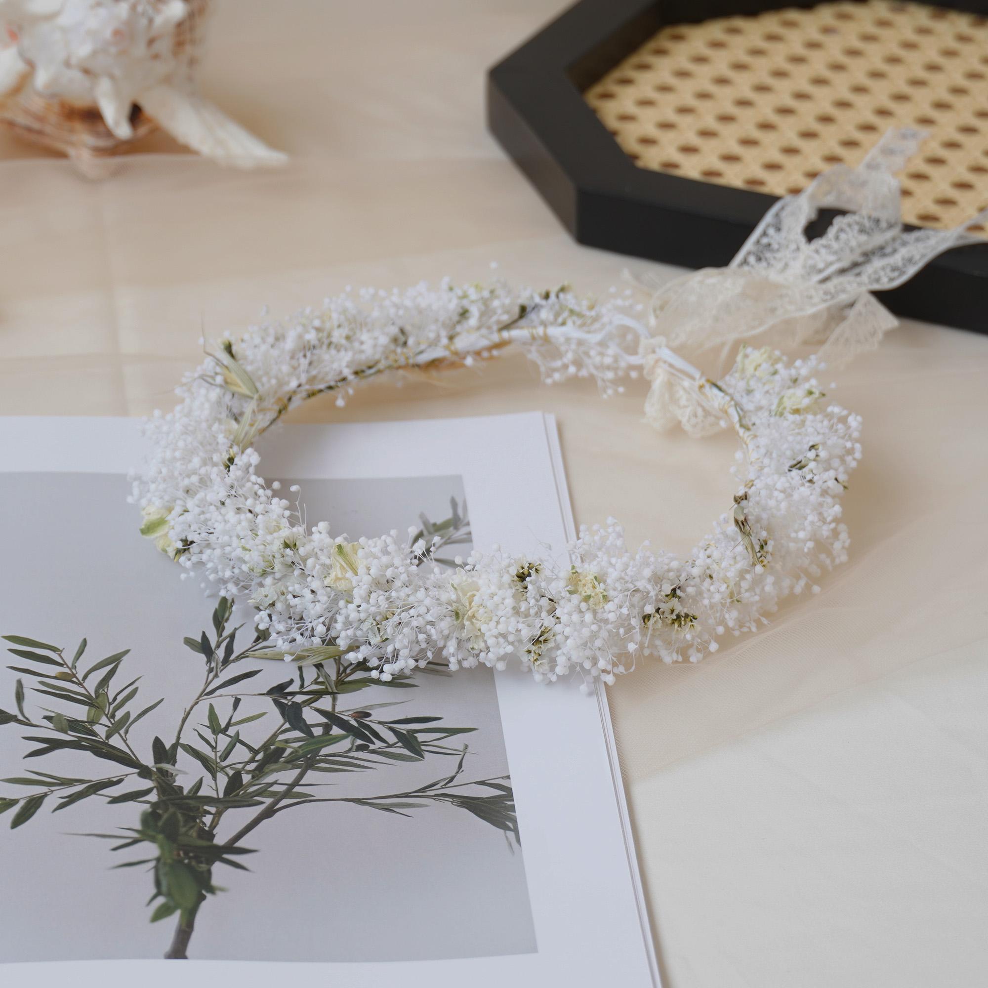 Handmade Gypsophila Wedding Crown with dried white flowers and delicate buds, ideal for bridal wear, birthdays, or daily party use. Durable and long-lasting up to 3 years.