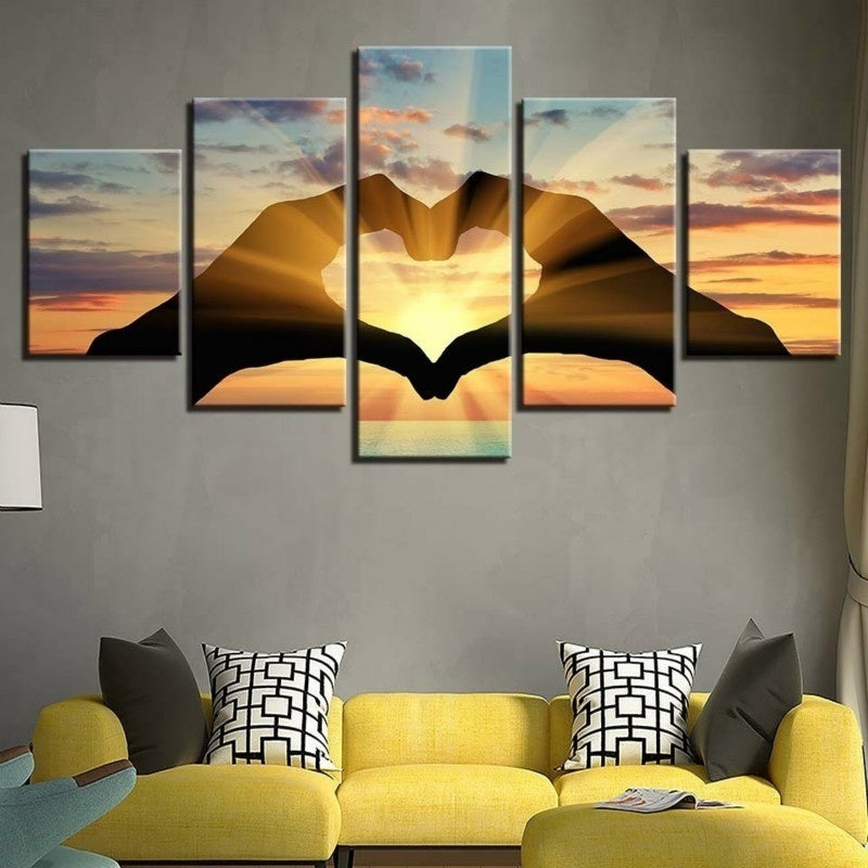 Love Sunrise Canvas Painting Modern Landscape Poster Decoration featuring hands forming a heart shape over a sunrise, 5-panel wall art for home decor.
