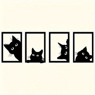 Black Cat Metal Wall Art Decoration Suit featuring four playful black cat silhouettes in rectangular frames, ideal for modern home or office decor.