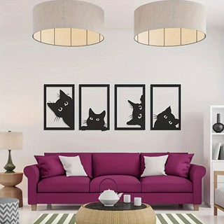 Black Cat Metal Wall Art Decoration Suit featuring four playful black cat silhouettes in rectangular frames, ideal for modern home or office decor.
