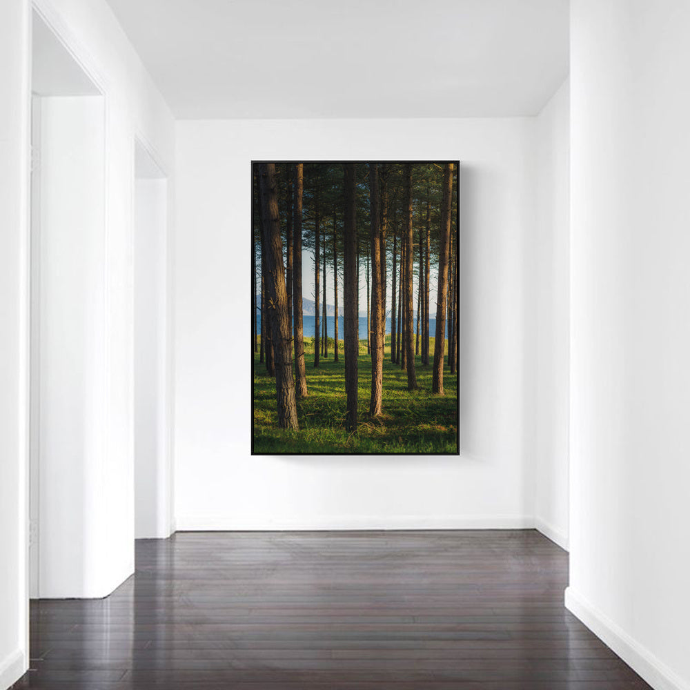 Modern landscape oil painting summer forest canvas featuring tall bamboo trees in a vertical perspective, ideal for living room wall decor.