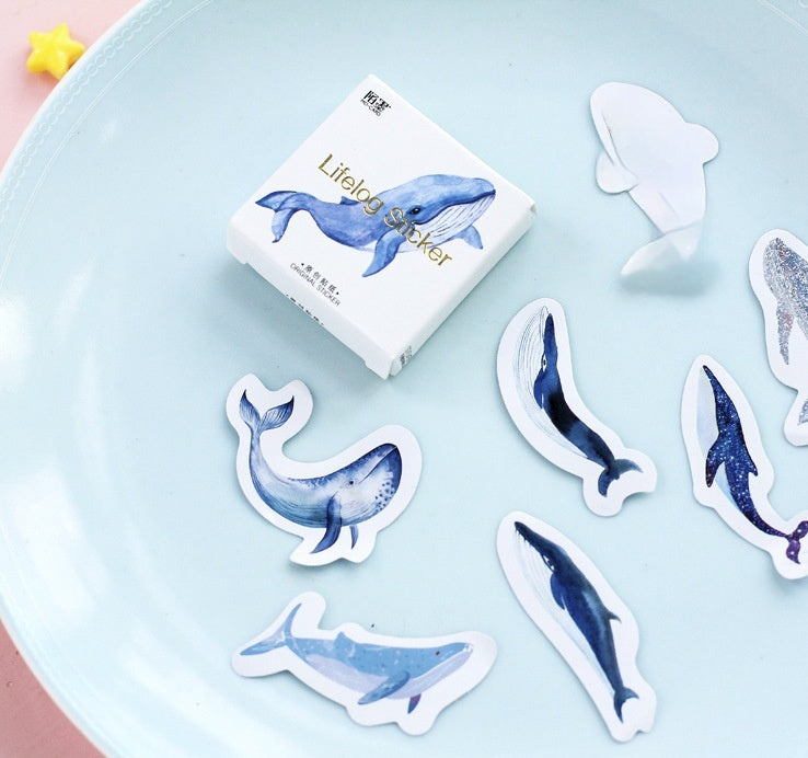 Box-packed Stickers Whale Tent Sticker Decorative Sealing Stickers featuring 45 colorful whale-themed designs in Japanese style for crafts and journaling.