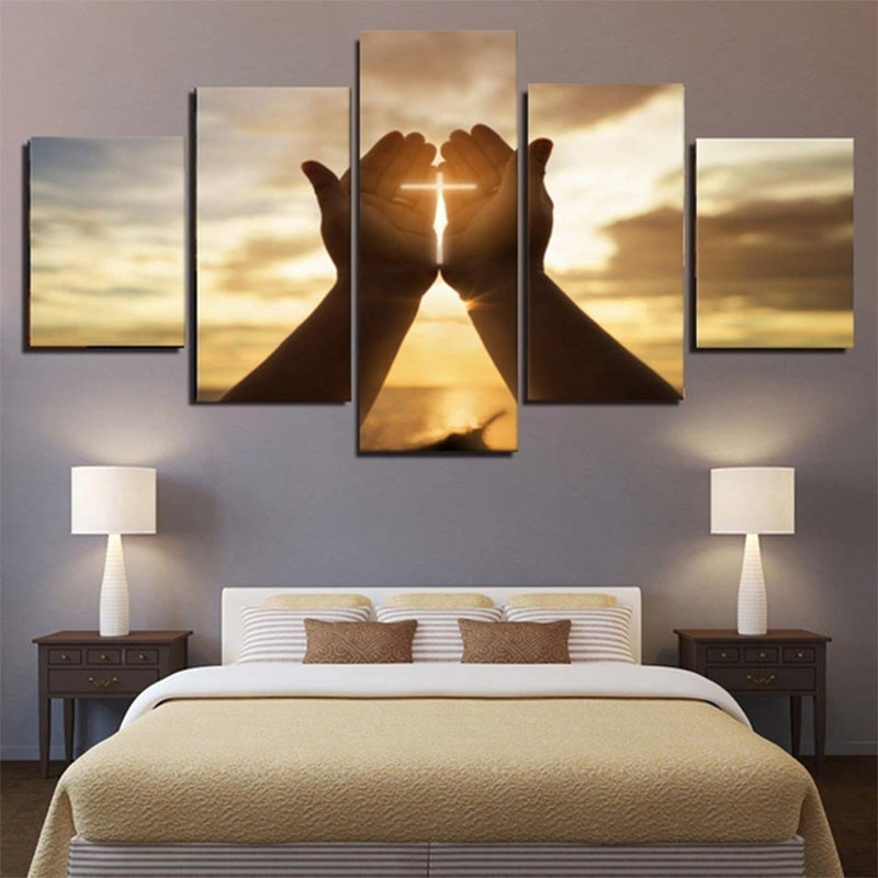 Love Sunrise Canvas Painting Modern Landscape Poster Decoration featuring hands forming a heart shape over a sunrise, 5-panel wall art for home decor.