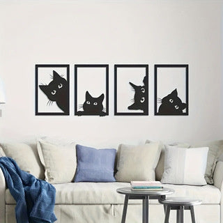 Black Cat Metal Wall Art Decoration Suit featuring four playful black cat silhouettes in rectangular frames, ideal for modern home or office decor.