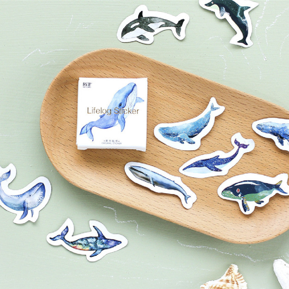 Box-packed Stickers Whale Tent Sticker Decorative Sealing Stickers featuring 45 colorful whale-themed designs in Japanese style for crafts and journaling.