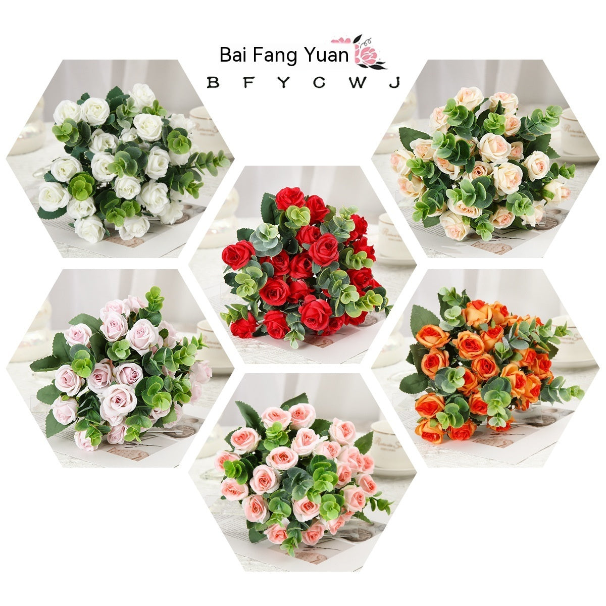 Red silk rose bouquet with green eucalyptus in crystal vase for living room decoration or wedding ceremony artificial flower arrangement.