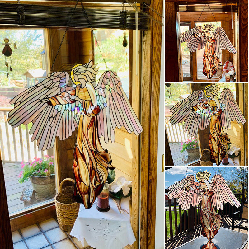 Acrylic angel-shaped suncatcher pendant hanging in a home garden window, ideal for craft decoration and scene enhancement.