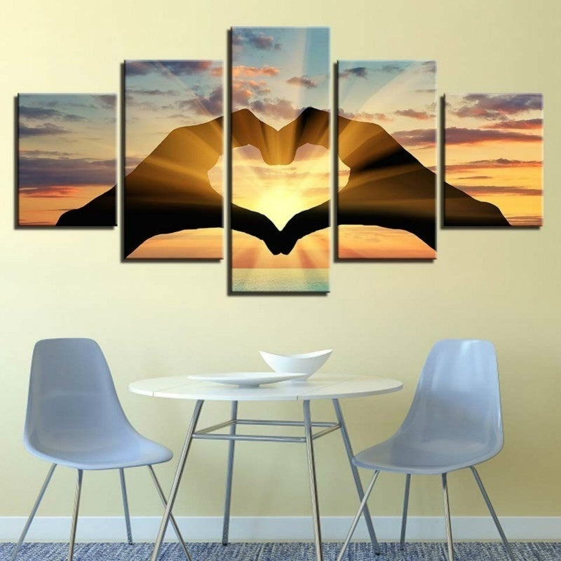 Love Sunrise Canvas Painting Modern Landscape Poster Decoration featuring hands forming a heart shape over a sunrise, 5-panel wall art for home decor.