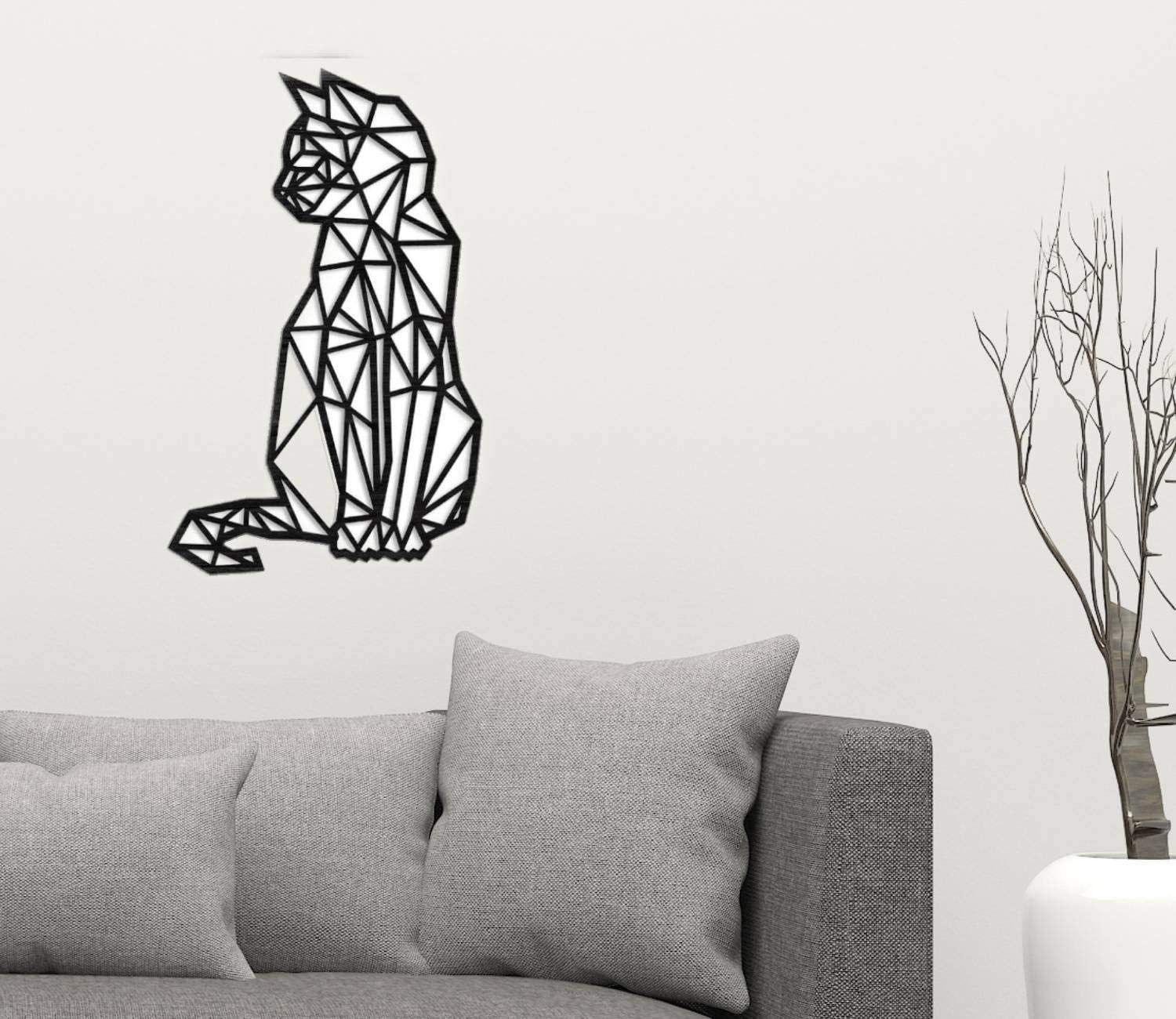Carved metal wall art featuring a geometric cat ded from laser-engraved galvanized iron.sign, ideal for modern interior home decor and crafte