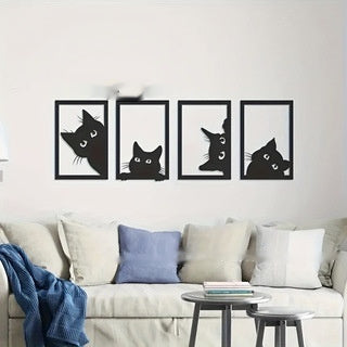 Black Cat Metal Wall Art Decoration Suit featuring four playful black cat silhouettes in rectangular frames, ideal for modern home or office decor.