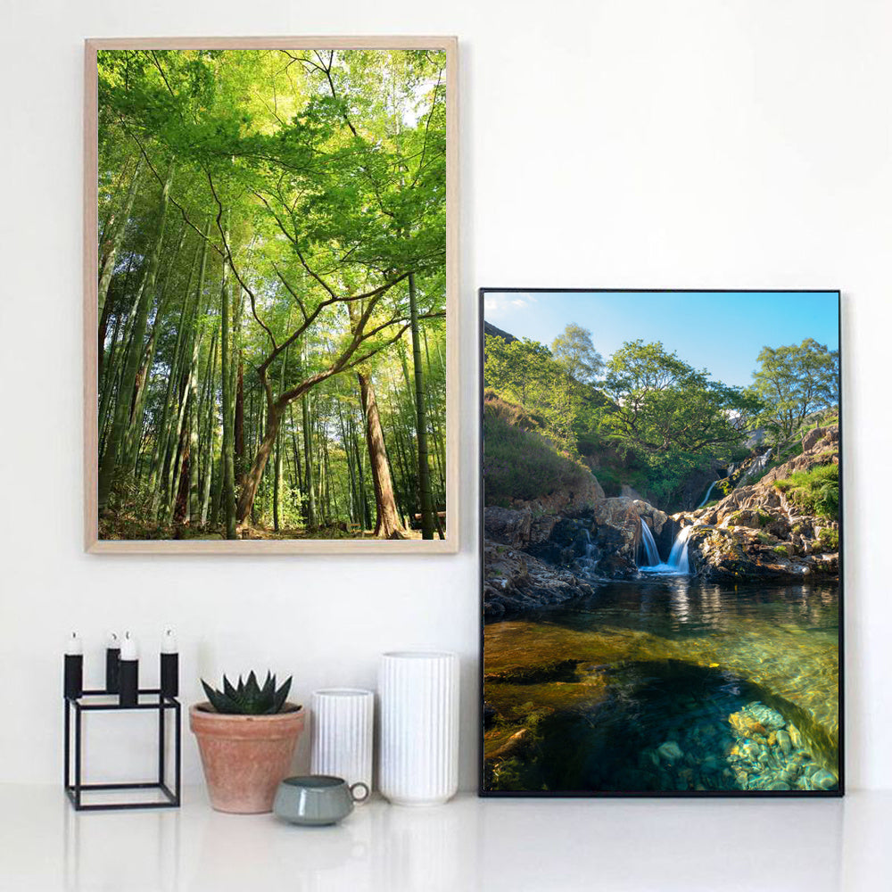 Modern landscape oil painting summer forest canvas featuring tall bamboo trees in a vertical perspective, ideal for living room wall decor.