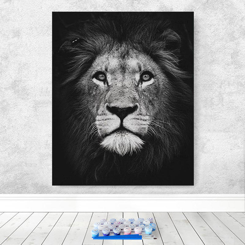 Cat lion wild animal oil painting on canvas featuring a detailed black and white lion portrait. Includes digital oil painting kit for custom processing.