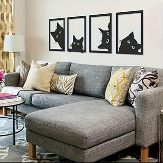 Black Cat Metal Wall Art Decoration Suit featuring four playful black cat silhouettes in rectangular frames, ideal for modern home or office decor.