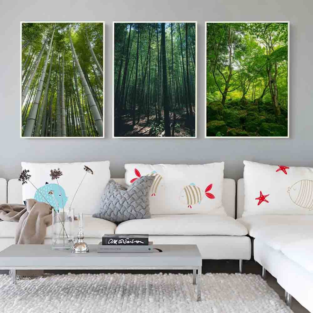 Modern landscape oil painting summer forest canvas featuring tall bamboo trees in a vertical perspective, ideal for living room wall decor.
