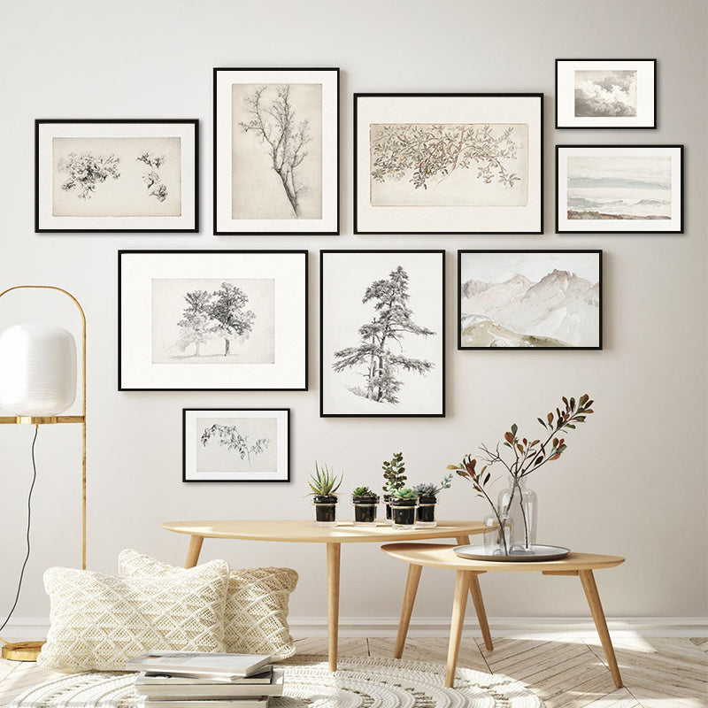 Living Room Vintage Painting Canvas Art Picture Poster featuring minimalist black and white nature sketches in a modern gallery wall layout. Ideal for home decor in a fashion and simplicity style.