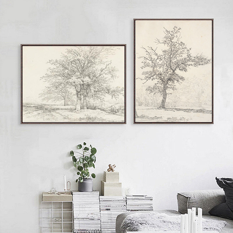 Living Room Vintage Painting Canvas Art Picture Poster featuring minimalist black and white nature sketches in a modern gallery wall layout. Ideal for home decor in a fashion and simplicity style.