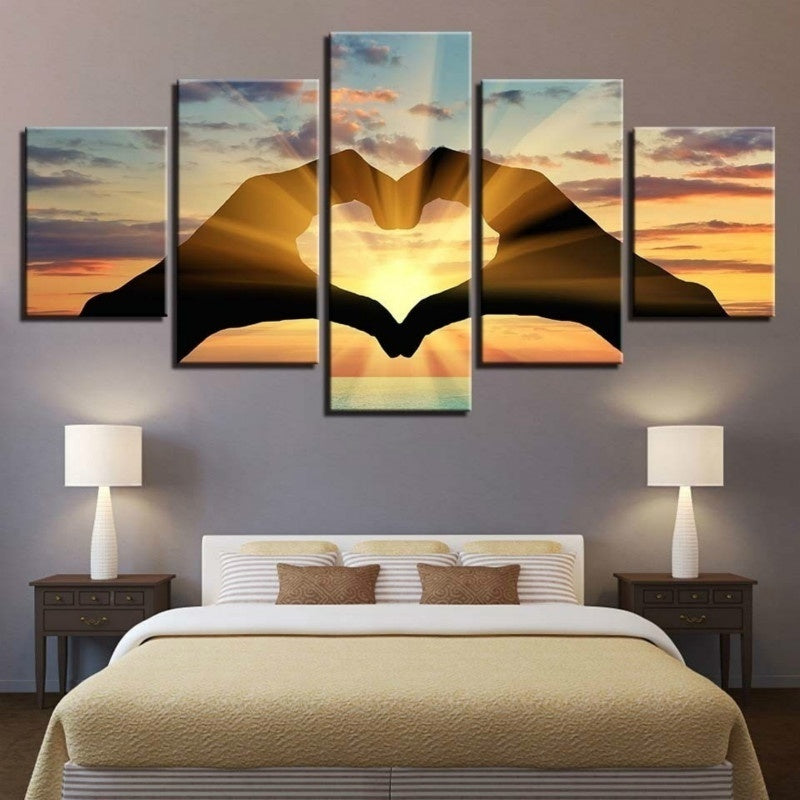 Love Sunrise Canvas Painting Modern Landscape Poster Decoration featuring hands forming a heart shape over a sunrise, 5-panel wall art for home decor.