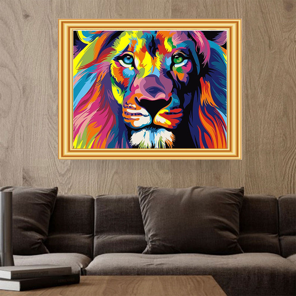 Colorful lion diamond painting wall art from the Animal Diamond Painting Lion Tiger Cat Dog Complete Cross Kit. Ideal for creative home decor.