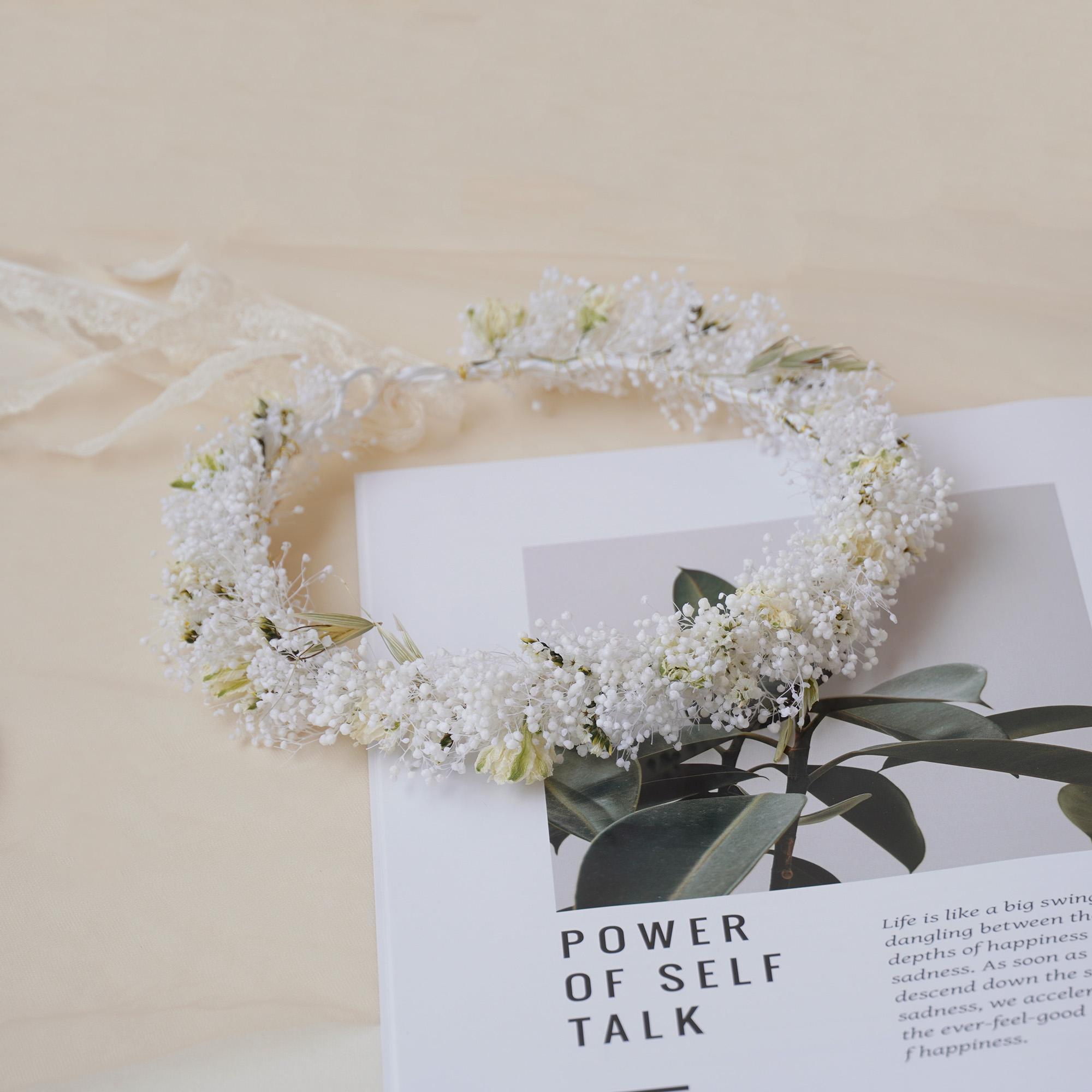 Handmade Gypsophila Wedding Crown with dried white flowers and delicate buds, ideal for bridal wear, birthdays, or daily party use. Durable and long-lasting up to 3 years.